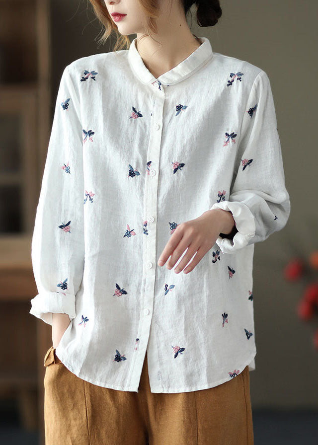 White Peter Pan Collar Embroideried Patchwork Linen Top Spring