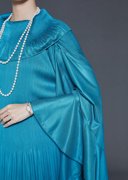 French Peacock Blue Ruffled Patchwork Wrinkled Silk Maxi Dresses Fall