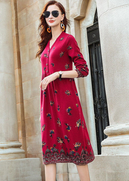 Red V Neck Print Knit Long Dresses Spring