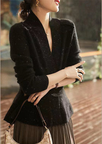 Black V Neck Dot Button Thick Cashmere Sweater Long Sleeve