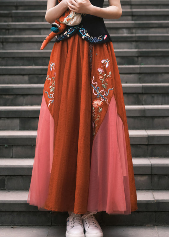Red Embroideried Tulle a Line Skirt Summer