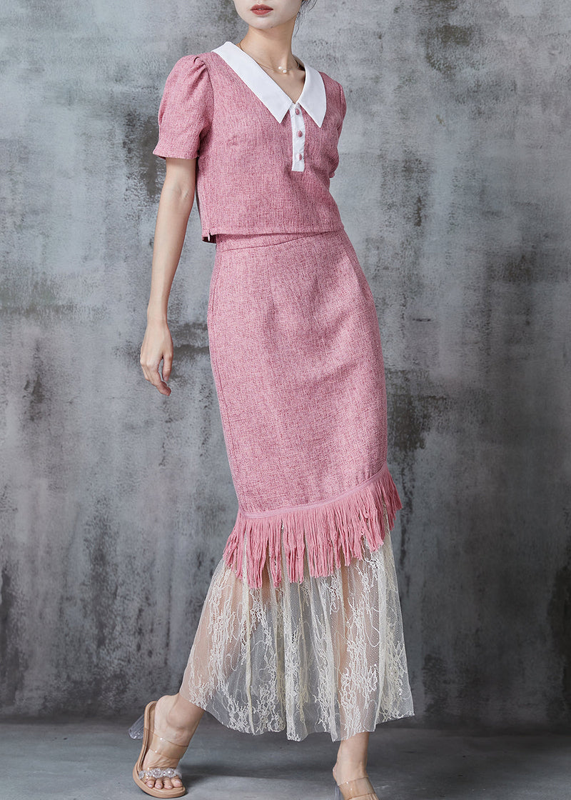 Silm Fit Pink Tasseled Patchwork Cotton Two Piece Set Clothing Fall