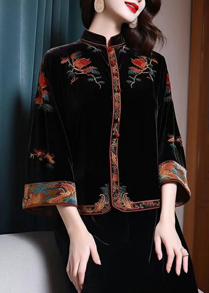 New Black Stand Collar Embroideried Patchwork Silk Velour Top Fall