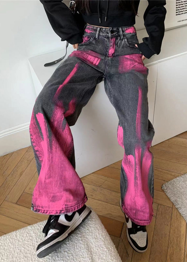 Grey Graffiti Denim Straight Pants Spring