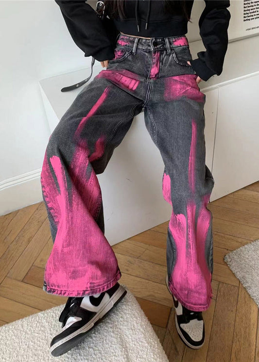 Grey Graffiti Denim Straight Pants Spring