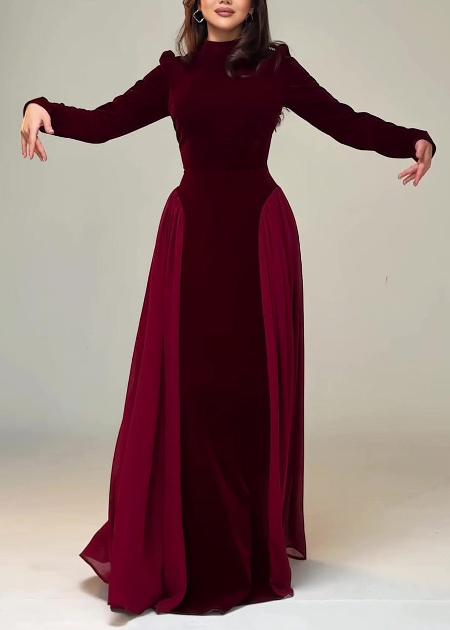 Wine Red Chiffon Patchwork Velour Long Dresses Tie Waist
