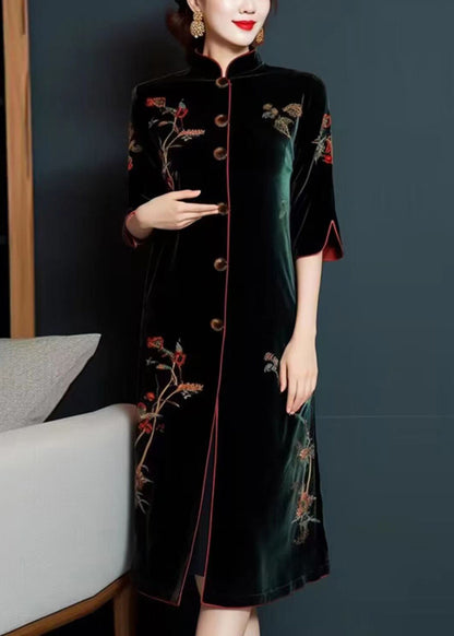 Blackish Green Embroideried Button Silk Velour Dress Long Sleeve