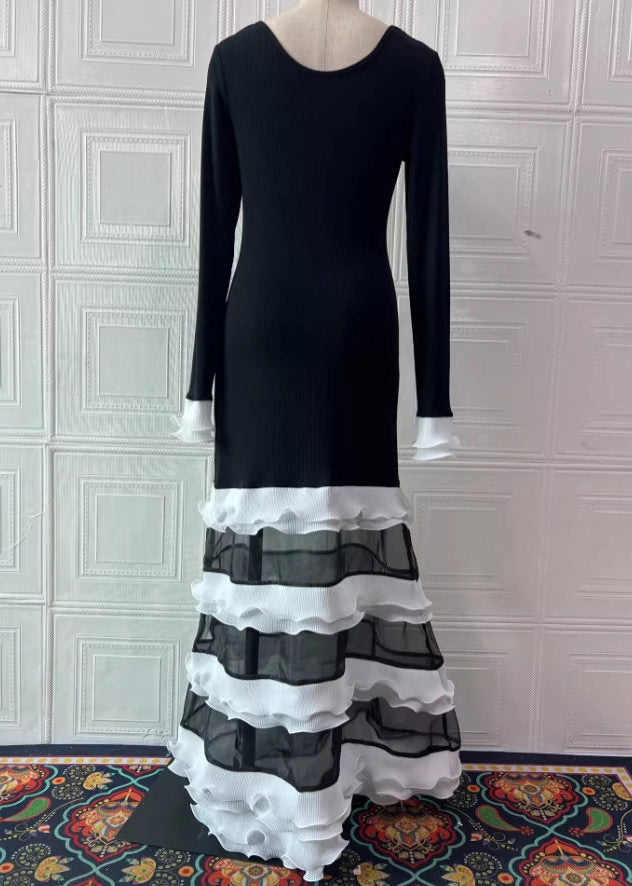 Organic Black White Striped O-neck Ruffled Knit Patchwork Tulle Long Dress Spring