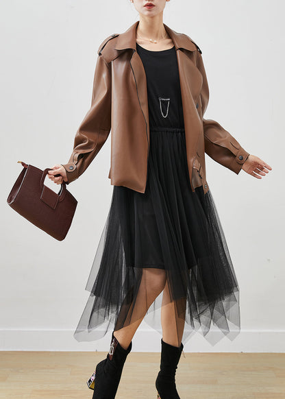 Khaki Faux Leather Coats and Tull Dress Two Piece Suit Set Oversized Spring