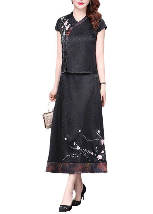 Italian Black Embroideried Patchwork Tops and Skirts Silk Two-piece Summer