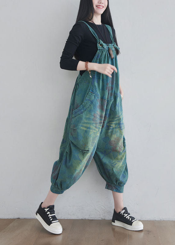 Blue Pockets Print Denim Jumpsuits Spring