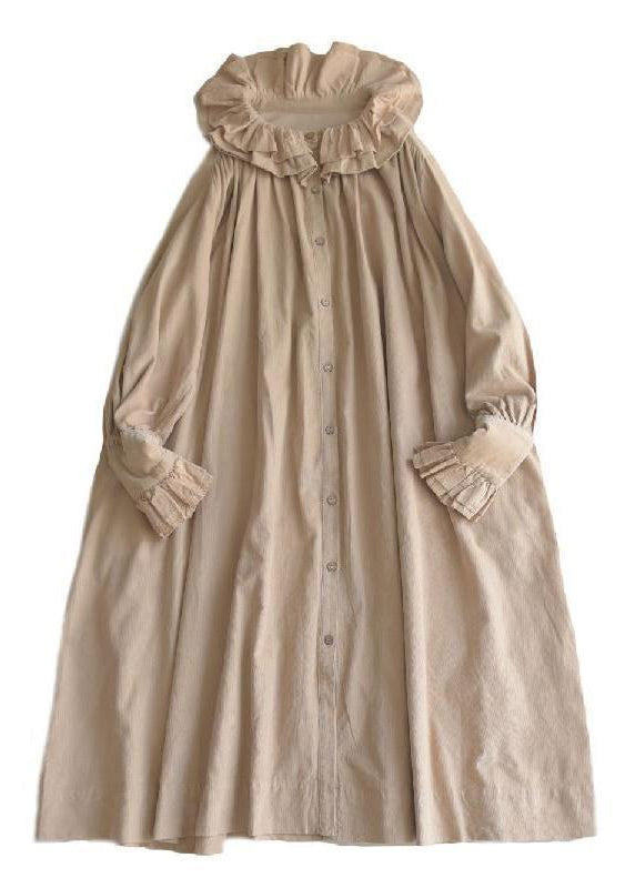 Khaki Ruffled Button Corduroy Long Dresses Spring