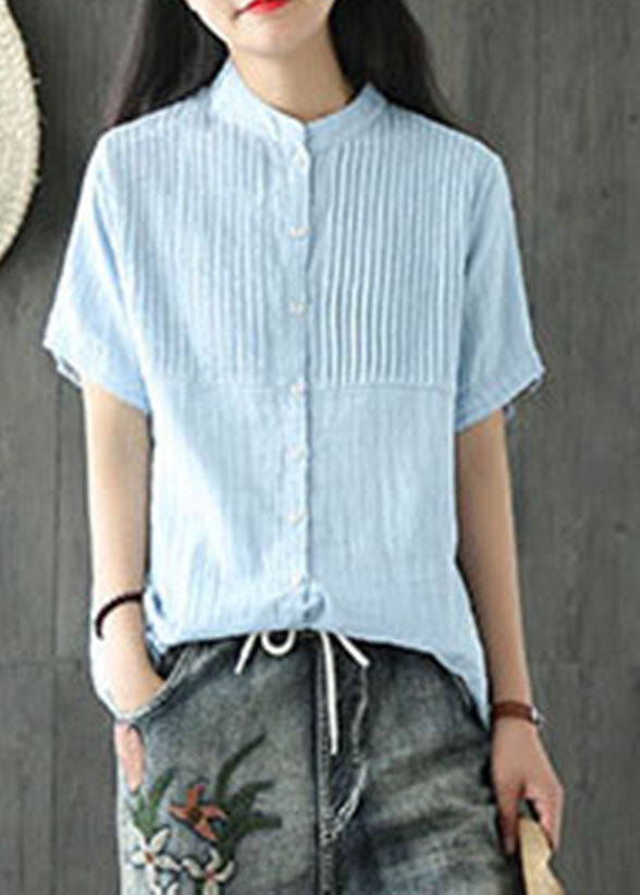 Light Blue Stand Collar Wrinkled Button Linen Blouse Tops Short Sleeve