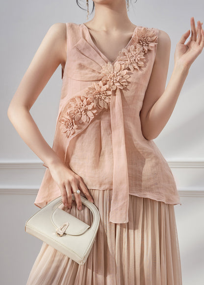 New Pink V Neck Linen Shirt Tops Sleeveless