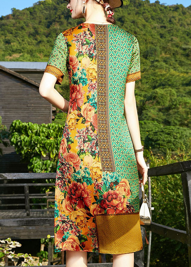 Art Green O-neck Print Silk Formal Dresses Short Sleeve