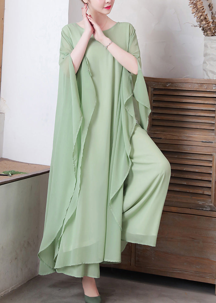 Pea Green Asymmetrical Chiffon Long Dress and Wide Leg Pants Two Pieces Set Spring