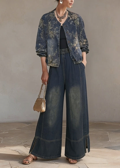 O Neck Print Denim Two Piece Set Outfits Spring