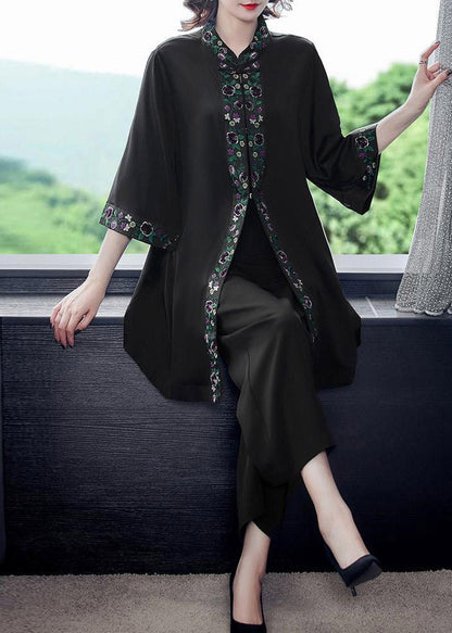 Style Black Stand Collar Print Top and Crop Pants Two Piece Set Summer