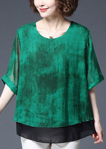 Green Layered Design Chiffon Tops Side Open Half Sleeve