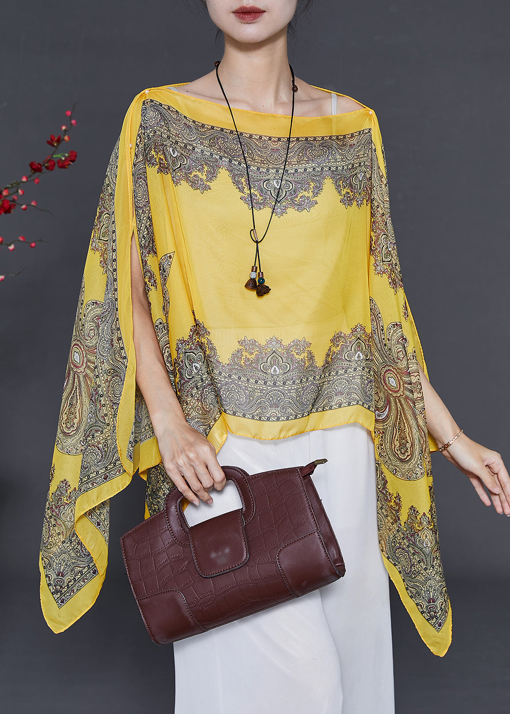 Yellow Oversized Print Chiffon Beach Top Summer