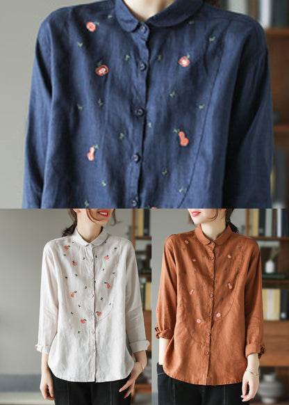 Beige Peter Pan Collar Patchwork Linen Shirt Tops Spring