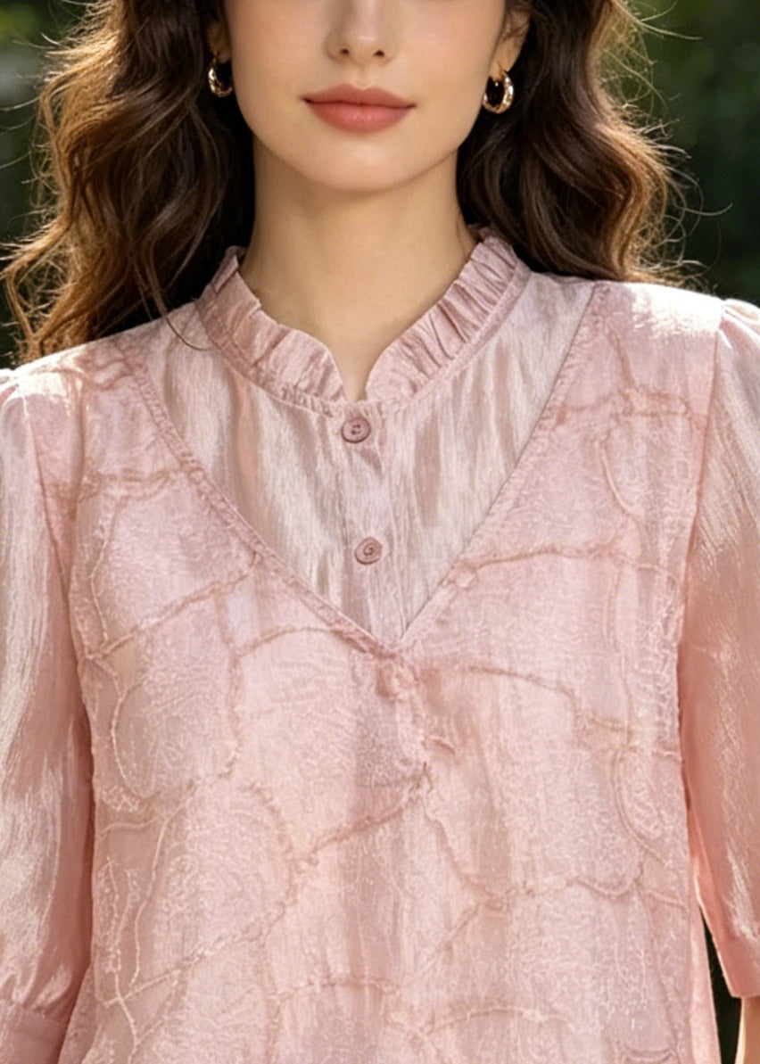 Style Pink Embroidered U Neck Silk Fake Two Piece Shirt Top Summer