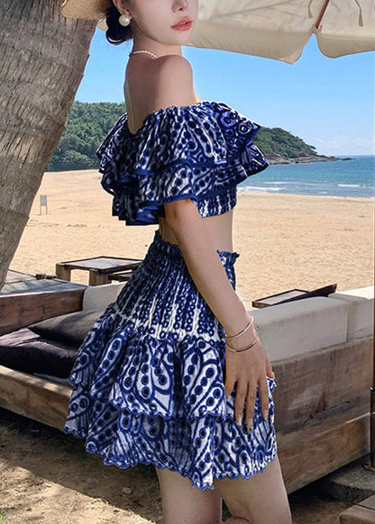 New Blue Hollow Out Tops and Skirts Cotton Two Piece Set Short Sleeve