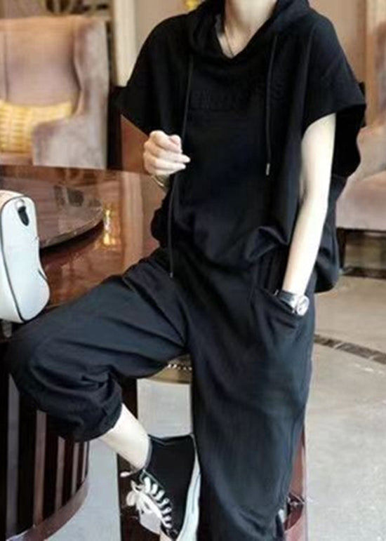 Grey Hooded Sport Suit Cotton Two Pieces Set Summer