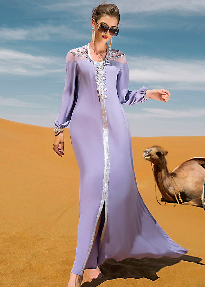 Purple O-neck Lace Patchwork Tie Waist Chiffon Long Dress Fall