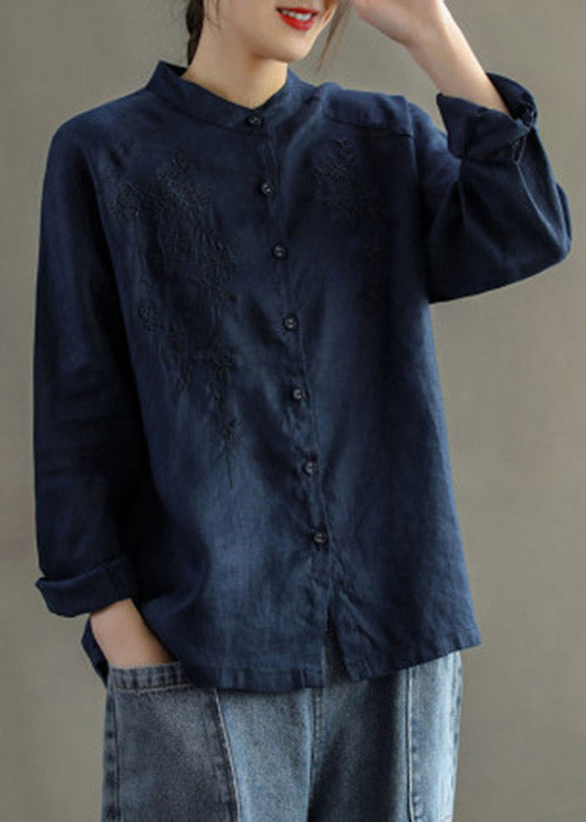 Chocolate Stand Collar Embroideried Button Linen Shirts Long Sleeve