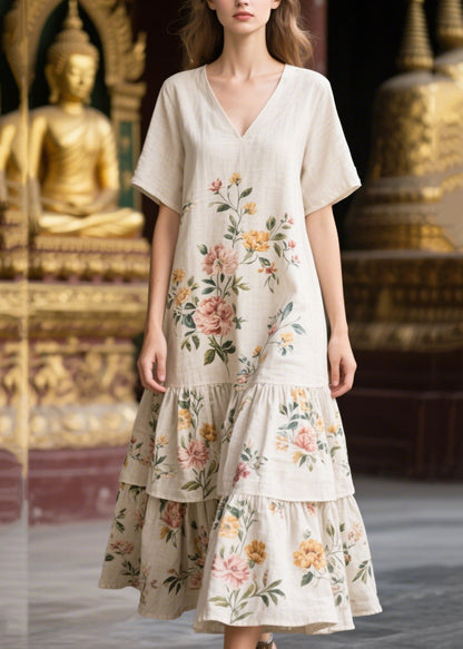 White V Neck Print Linen Dresses Summer