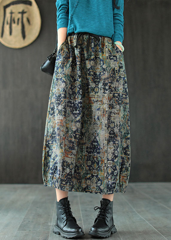 Blue Tie Dye Linen a Line Skirts Elastic Waist Pockets Summer
