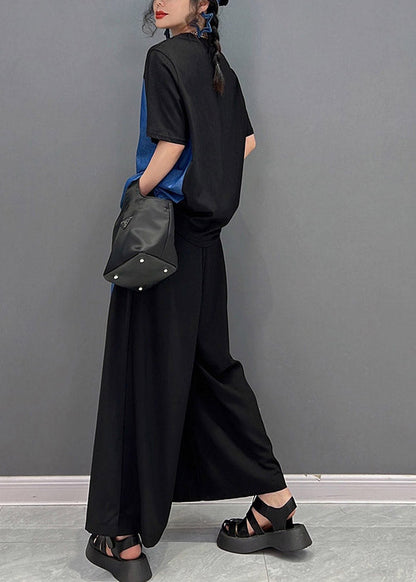 Boutique Black O-neck Patchwork Top and Long Pants Two Piece Set Summer
