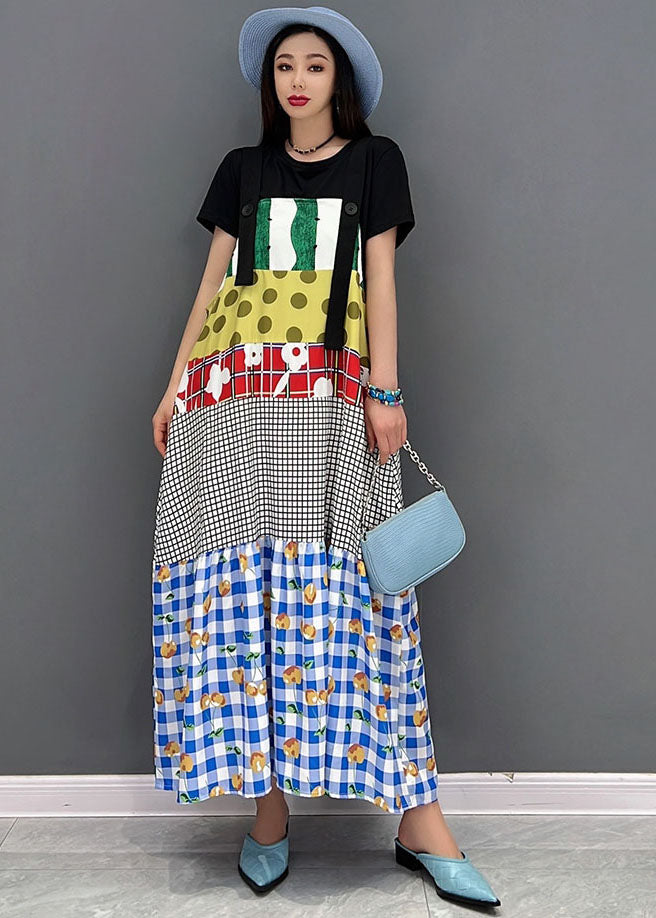 Purple O-neck Patchwork Print Cotton Strap Long Dresses Short Sleeve