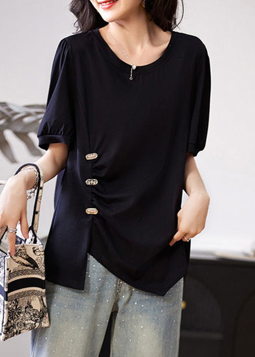 Black Asymmetrical Wrinkled Patchwork Cotton T Shirt Summer