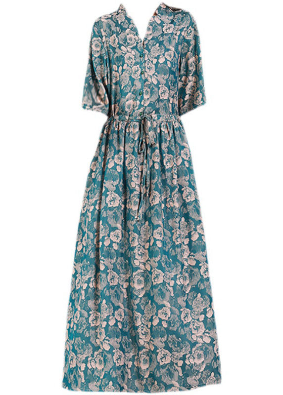 Green V Neck Drawstring Print Silk Long Dress Short Sleeve