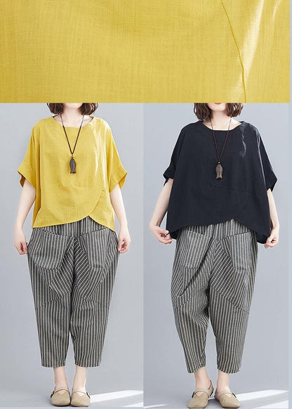 Summer Black Linen Bat Short Sleeve Top + Stripe Nine Point Harlem Pants