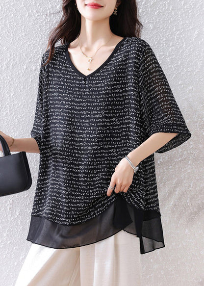 Black Oversized Patchwork Chiffon Tops Summer