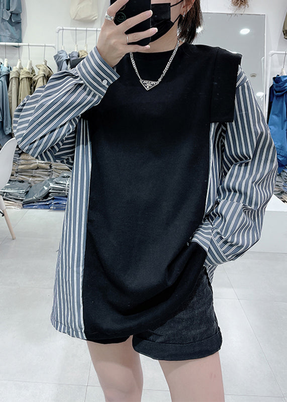 Black O-neck Striped Patchwork Sweatshirts Spring