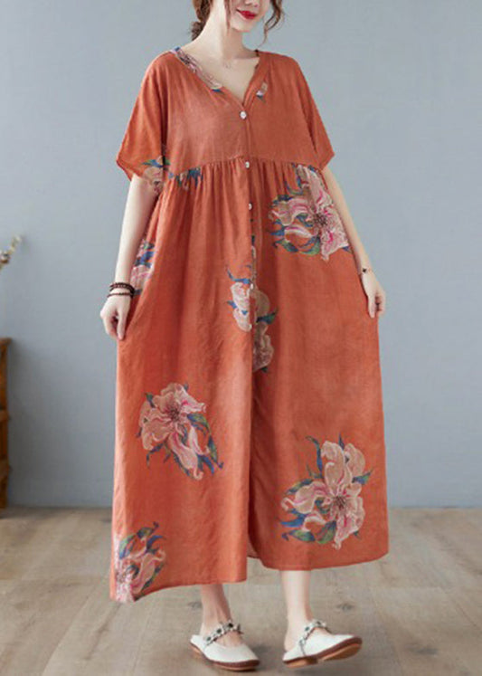 Orange V Neck Maxi Dress Short Sleeve