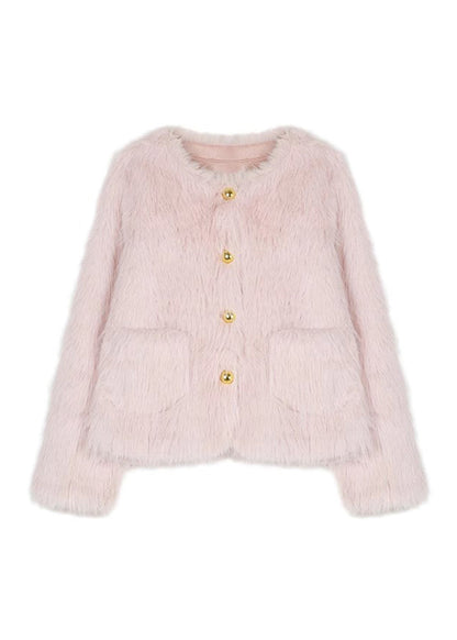 Stylish Pink Pockets Faux Fur Jacket Winter