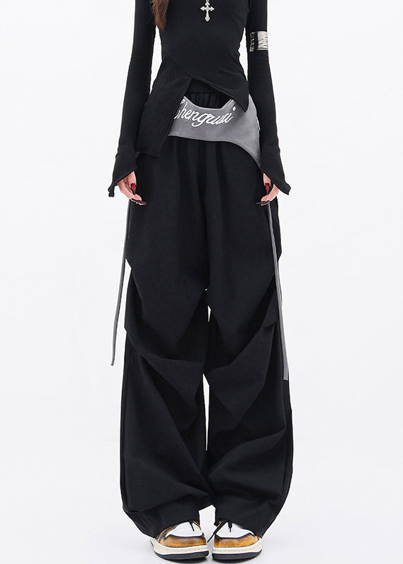 Black Pockets Wrinkled Cotton Wide Leg Pants Fall