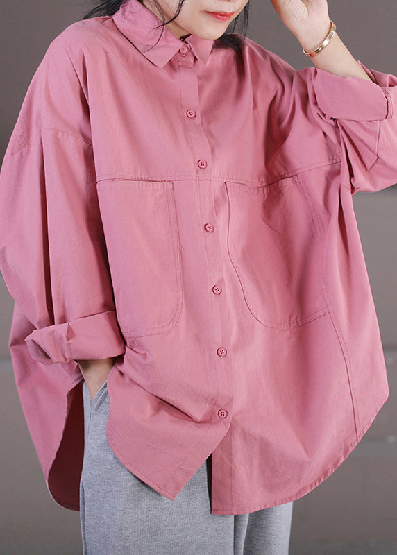 Pink Peter Pan Collar Button Pockets Shirts Long Sleeve