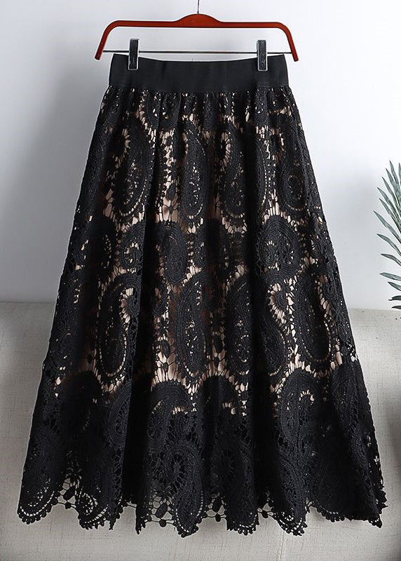 Black Hollow Out Elastic Waist Lace Skirts Spring