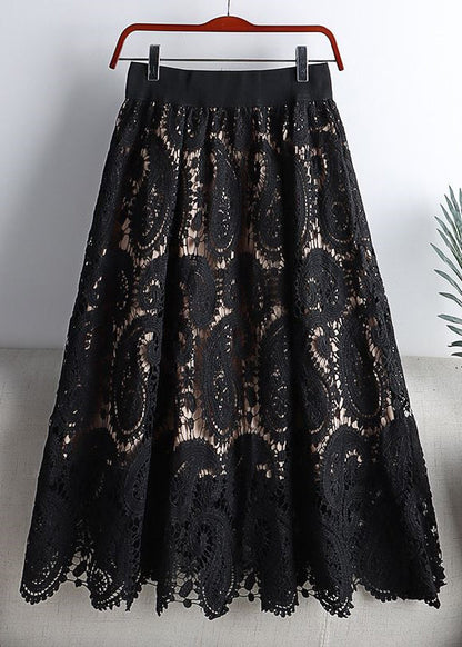 Black Hollow Out Elastic Waist Lace Skirts Spring