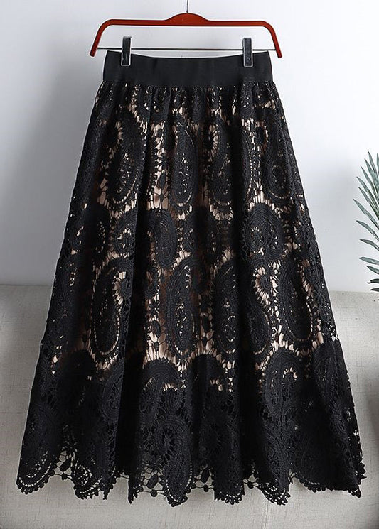 Black Hollow Out Elastic Waist Lace Skirts Spring
