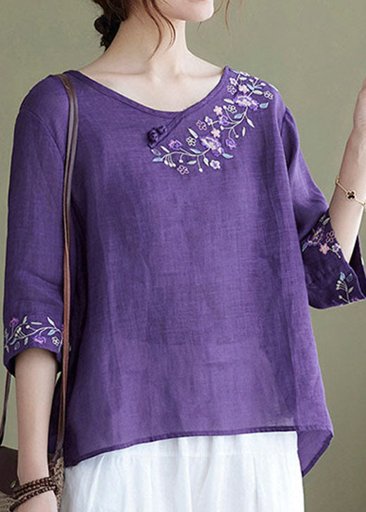 Diy Pink Flower Embroidered Side Open Half Sleeve Top