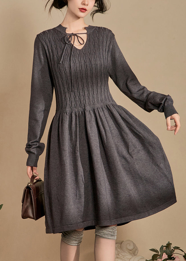Grey Lace Up Knit Dresses Spring