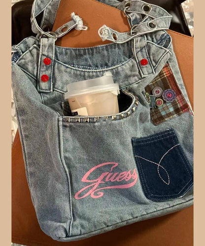 Retro Blue Rivet Patch Denim Messenger Bag