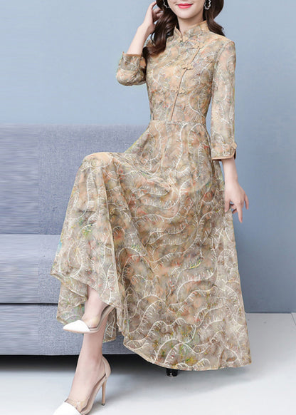 Khaki Print Exra Large Hem Lace Oriental Dresses Fall